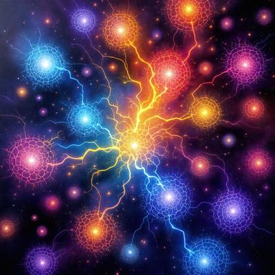 The primary subject of the image is a vibrant and colorful display of light, which appears to be a digital art or illustration. The setting is a dark background, which contrasts with the bright and lively colors of the light display. The visual style is a combination of digital art and illustration, creating a unique and captivating scene. The colors and mood of the image are predominantly purple, blue, and yellow, giving it a lively and energetic atmosphere.